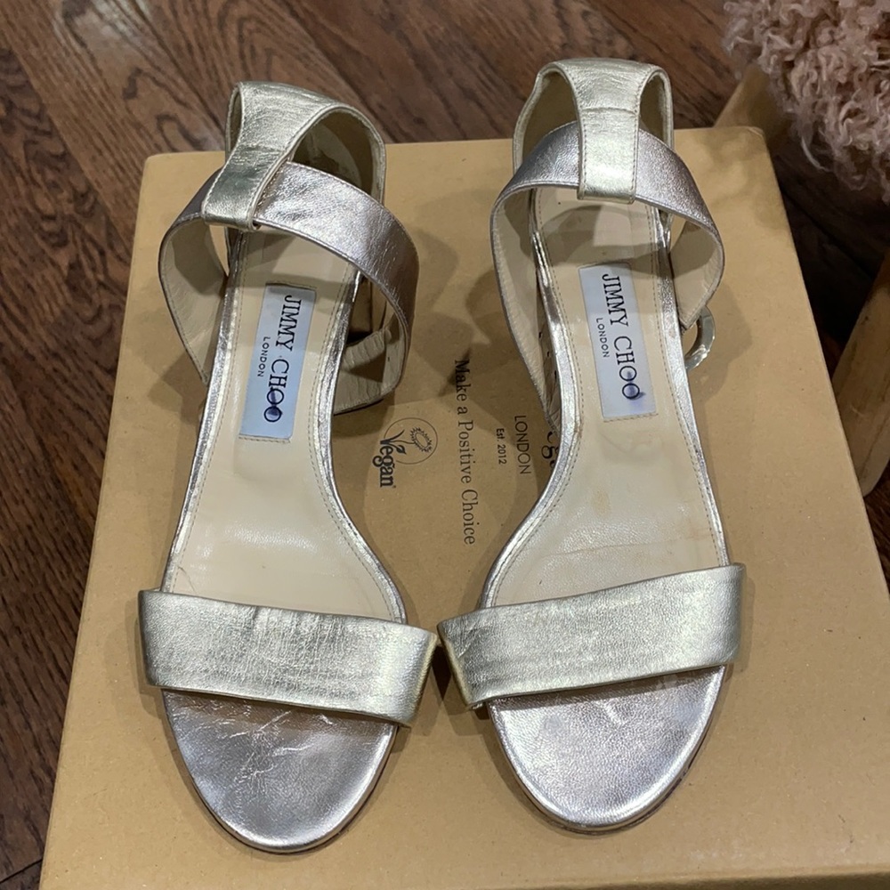 Jimmy choo size 37 gold 2 inch heel sandals